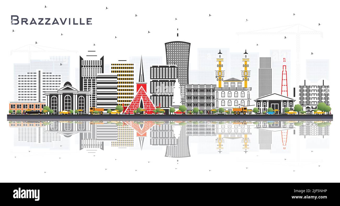 Brazzaville Repubblica del Congo City Skyline con edifici grigi e riflessi isolati su bianco. Illustrazione vettoriale. Illustrazione Vettoriale