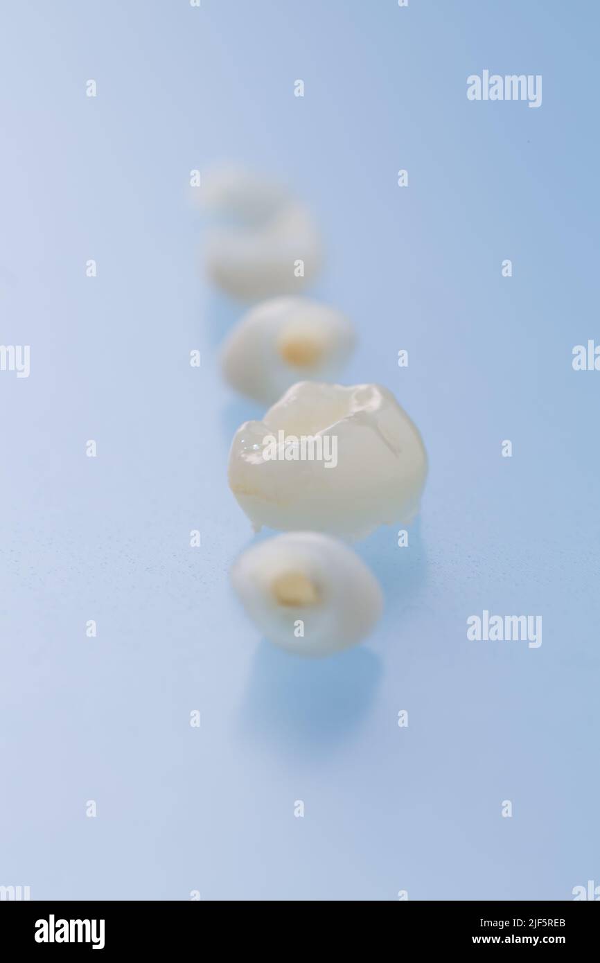 Denti primari su sfondo blu. Denti del bambino, concetto di cura e igiene dentale Foto Stock