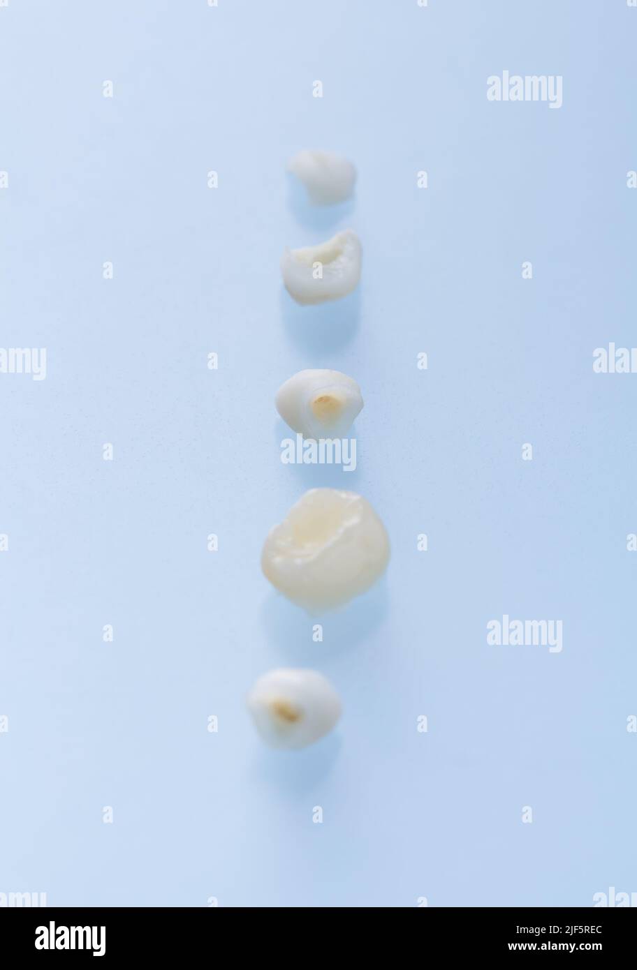 Denti primari su sfondo blu. Denti del bambino, concetto di cura e igiene dentale Foto Stock