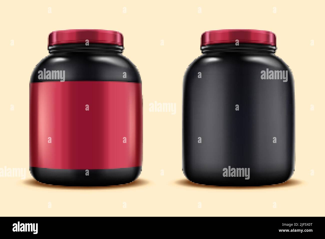 Mokups vaso di plastica proteina del siero di latte. 3D Illustrazione di grandi vasetti di plastica isolati su sfondo arancione chiaro, uno con etichetta rosa e l'altro con etichetta Illustrazione Vettoriale