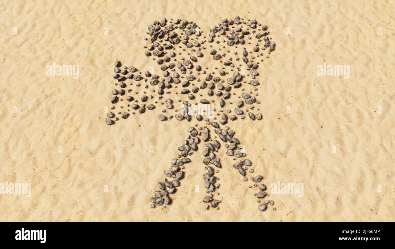 Concept pietre concettuali sulla spiaggia sabbia simbolo forma fatta a mano, sfondo sabbioso dorato, retro video macchina fotografica segno. Foto Stock