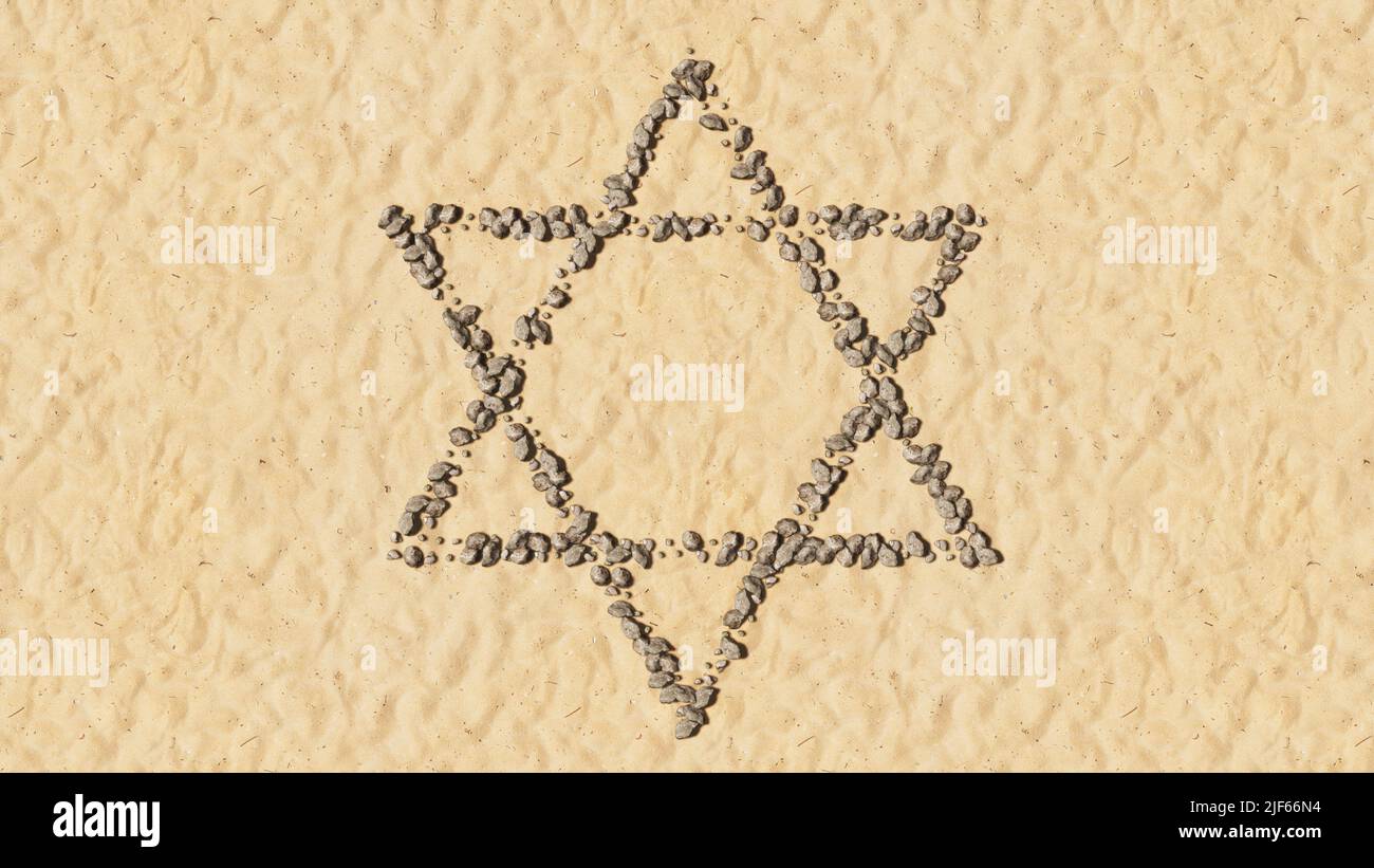 Concept pietre concettuali sulla spiaggia sabbia forma simbolo fatta a mano, sfondo di sabbia dorata, religioso ebraico David star Foto Stock