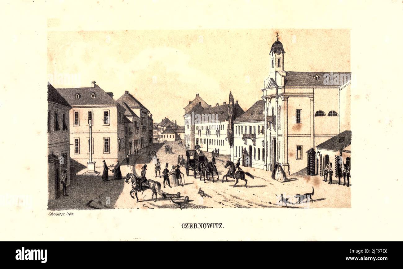 Czernowitz [Chernivtsi], Ucraina dal libro Die Bukowina im Königreiche Galizien. Mit sechs Lithographien nach Original Zeichnungen von J. Schubirss [la Bucovina nel Regno della Galizia. Con sei litografie basate su disegni originali di J. Schubirss] di Theophil Bendella, Data di pubblicazione 1845 Editore Wien H.F. Müller Foto Stock