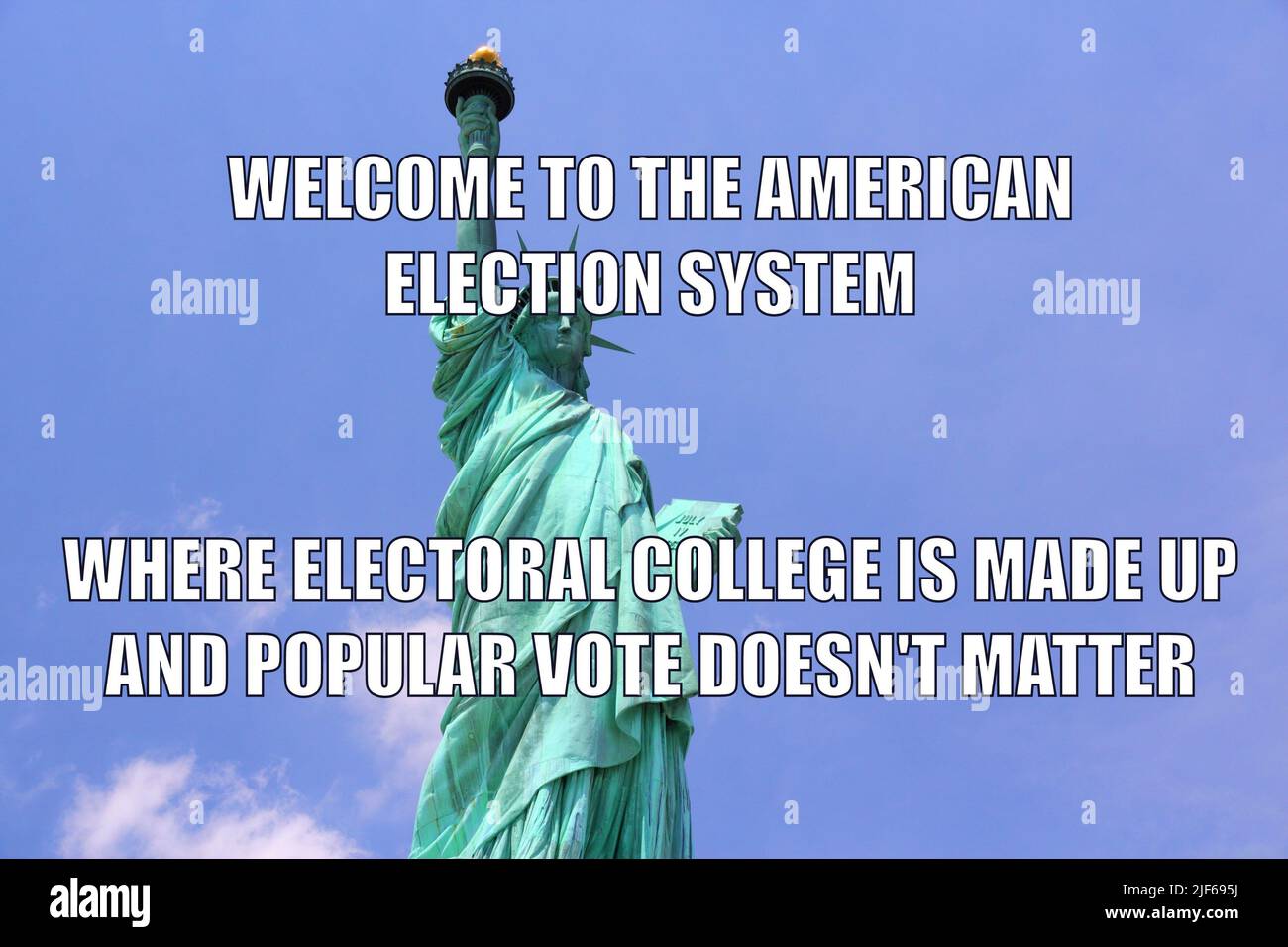 Il sistema elettorale americano divertente meme per la condivisione dei social media. Umorismo sulla politica statunitense, sulle college elettorali e sulle elezioni. Foto Stock