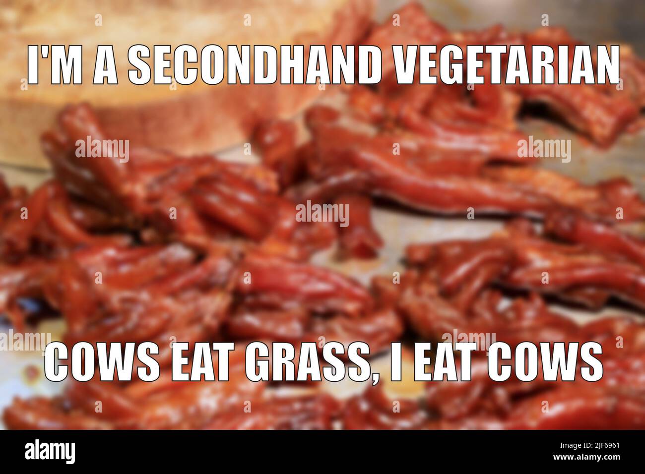 Meat eater secondhand vegetariano divertente meme per la condivisione dei social media. Barbeque scherzo. Foto Stock