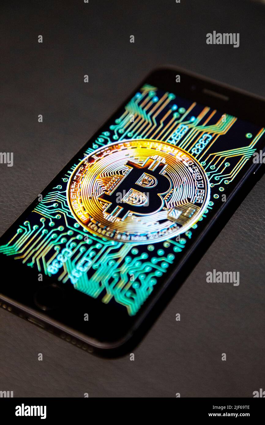 Logo Bitcoin sullo schermo di un telefono su sfondo in pelle Foto Stock