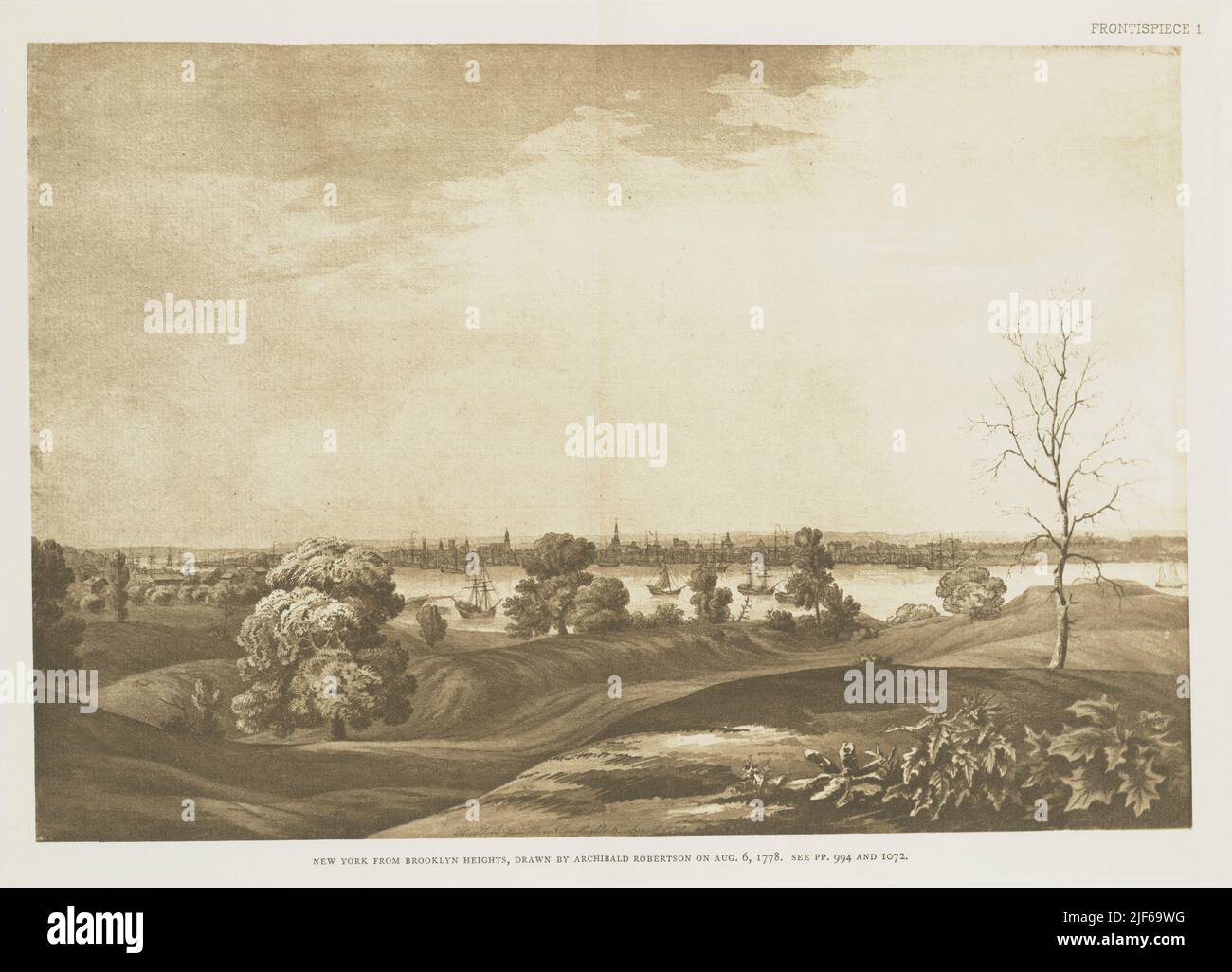 NEW YORK DA BROOKLYN HEIGHTS; DISEGNATO DA ARCHIBALD ROBERTSON IL AGO. 6, 1778. Dal libro l'iconografia di Manhattan Island, 1498-1909 compilata da fonti originali e illustrata da riproduzioni fotografiche di importanti mappe, piani, viste e documenti in collezioni pubbliche e private - Volume 5 di Stokes, I. N. Phelps (Isaac Newton Phelps), 1867-1944 Foto Stock