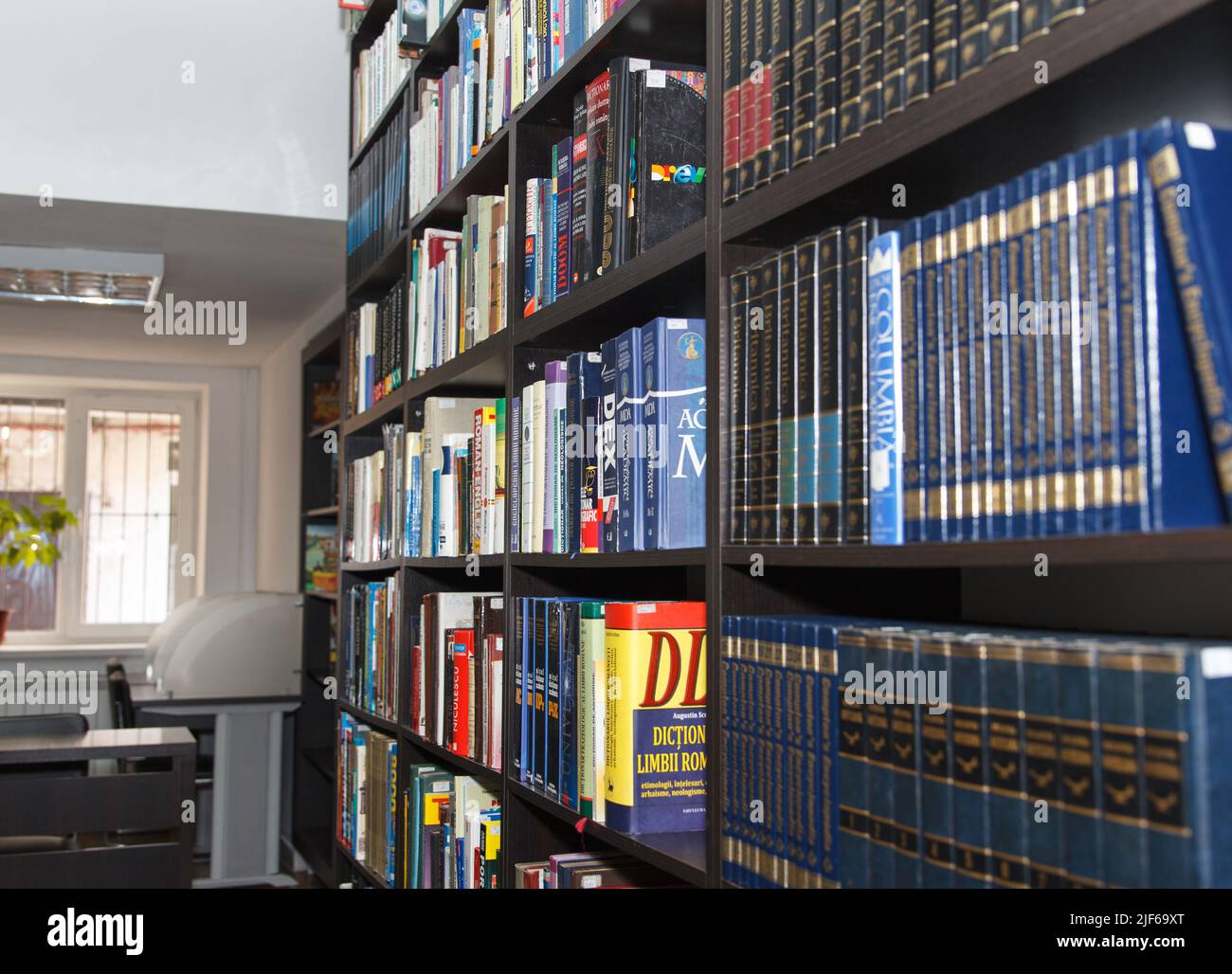 CHISINAU, MOLDAVIA - 26 MARZO 2021; molti libri colorati che si trovano sugli scaffali nella sala di lettura della biblioteca nazionale Foto Stock