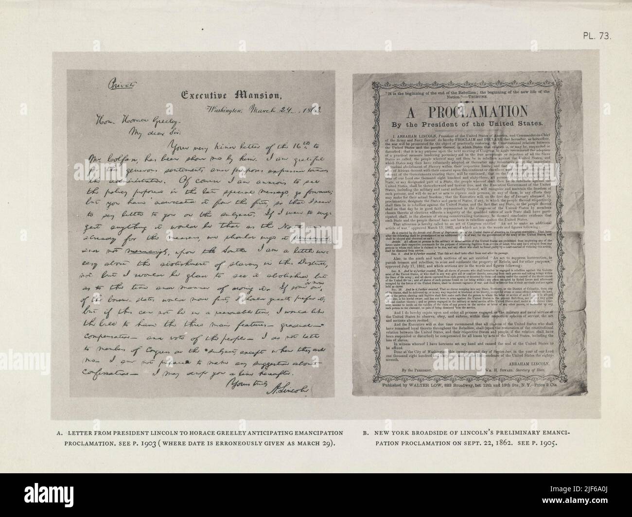 LETTERA DEL PRESIDENTE LINCOLN A HORACE GREELEY CHE ANTICIPA LA PROCLAMAZIONE DELL'EMANCIPAZIONE; DATATA MCH. 24, 1862. [A SINISTRA] NEW YORK, LA PROCLAMAZIONE DELL’EMANCIPAZIONE PRELIMINARE DI LINCOLN, IL SETTEMBRE. 22, 1862. [Right]dal libro l'iconografia di Manhattan Island, 1498-1909 compilata da fonti originali e illustrata da riproduzioni fotografiche di importanti mappe, piani, viste e documenti in collezioni pubbliche e private - Volume 5 di Stokes, I. N. Phelps (Isaac Newton Phelps), 1867-1944 Foto Stock