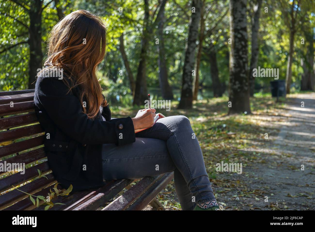 Donna concentrata che scrive sul taccuino seduto su una panca in un parco Foto Stock