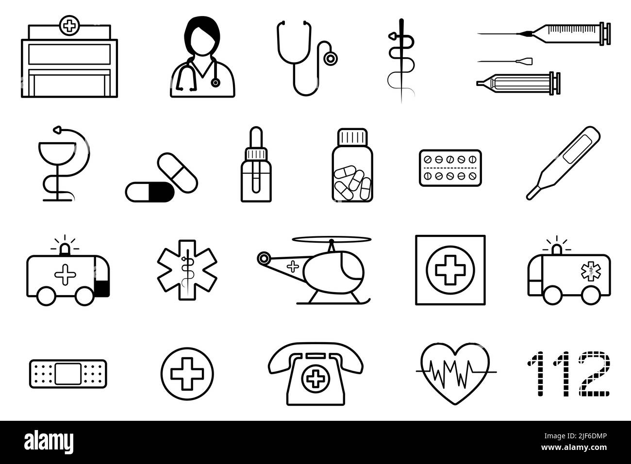 Set di icone mediche. Collezione di simboli di medicina e salute. Illustrazione vettoriale dello stile di linea Illustrazione Vettoriale