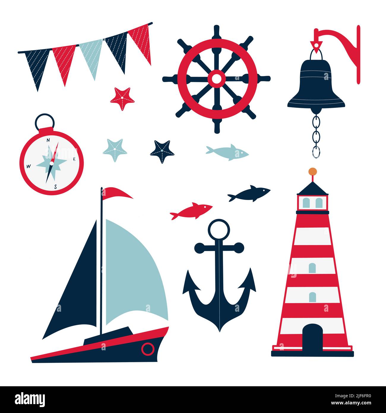 Icone marine. Ancora, pesce, faro, bandiere, nave, campana, bussola Illustrazione Vettoriale