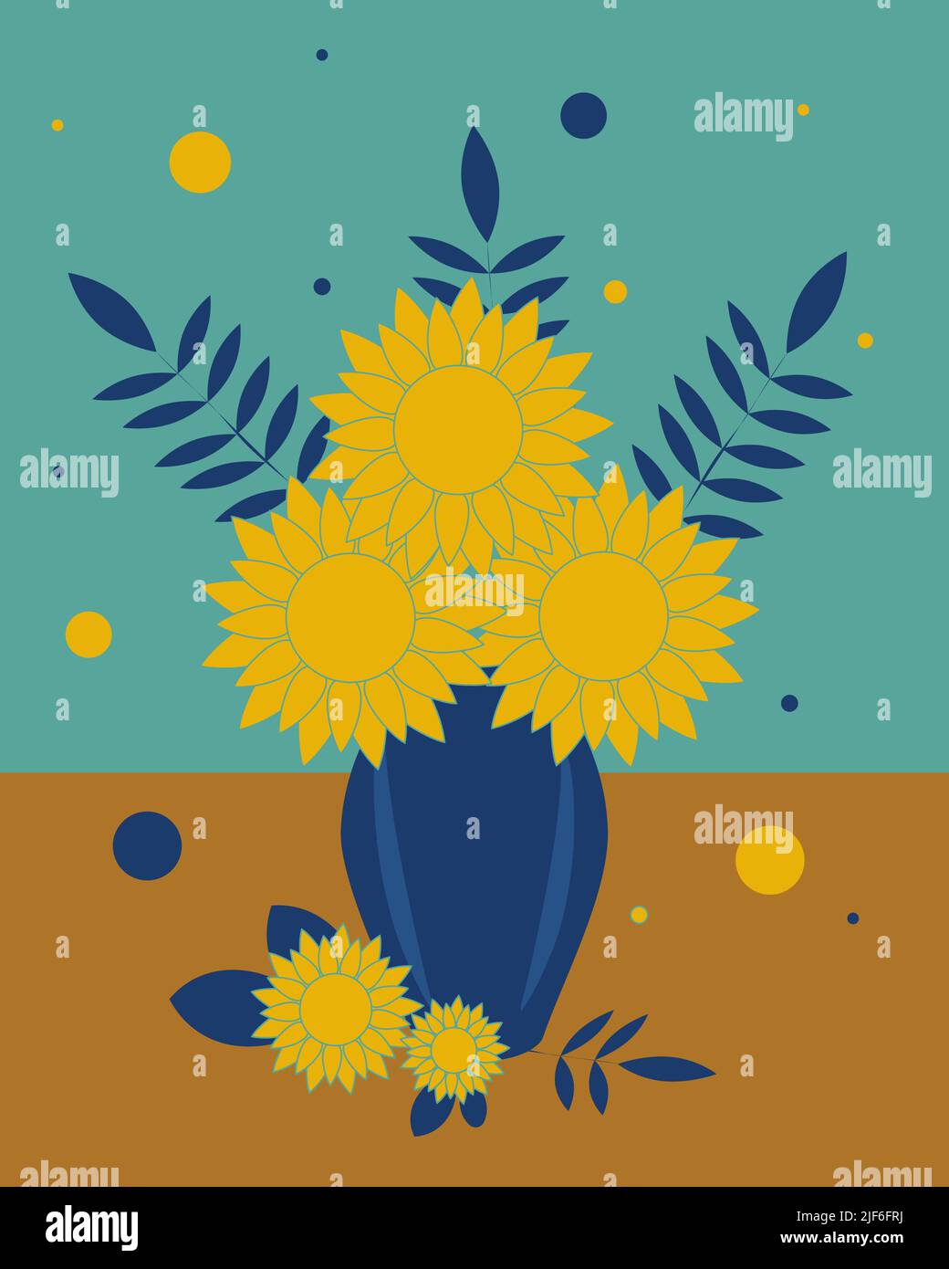 Bouquet di girasoli e foglie in vaso di fiori. Illustrazione vettoriale. Illustrazione Vettoriale