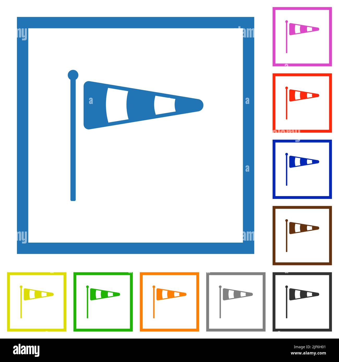 Icone di colore piatto fisso dell'indicatore Windsock in cornici quadrate su sfondo bianco Illustrazione Vettoriale