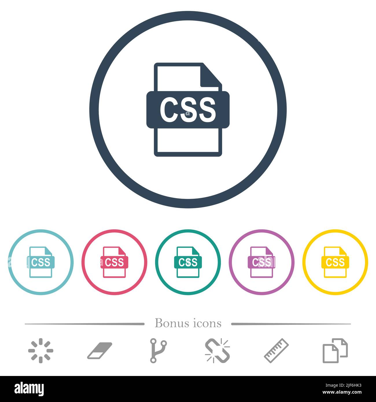 Formato file CSS icone a colori piatti in contorni rotondi. 6 icone bonus incluse. Illustrazione Vettoriale
