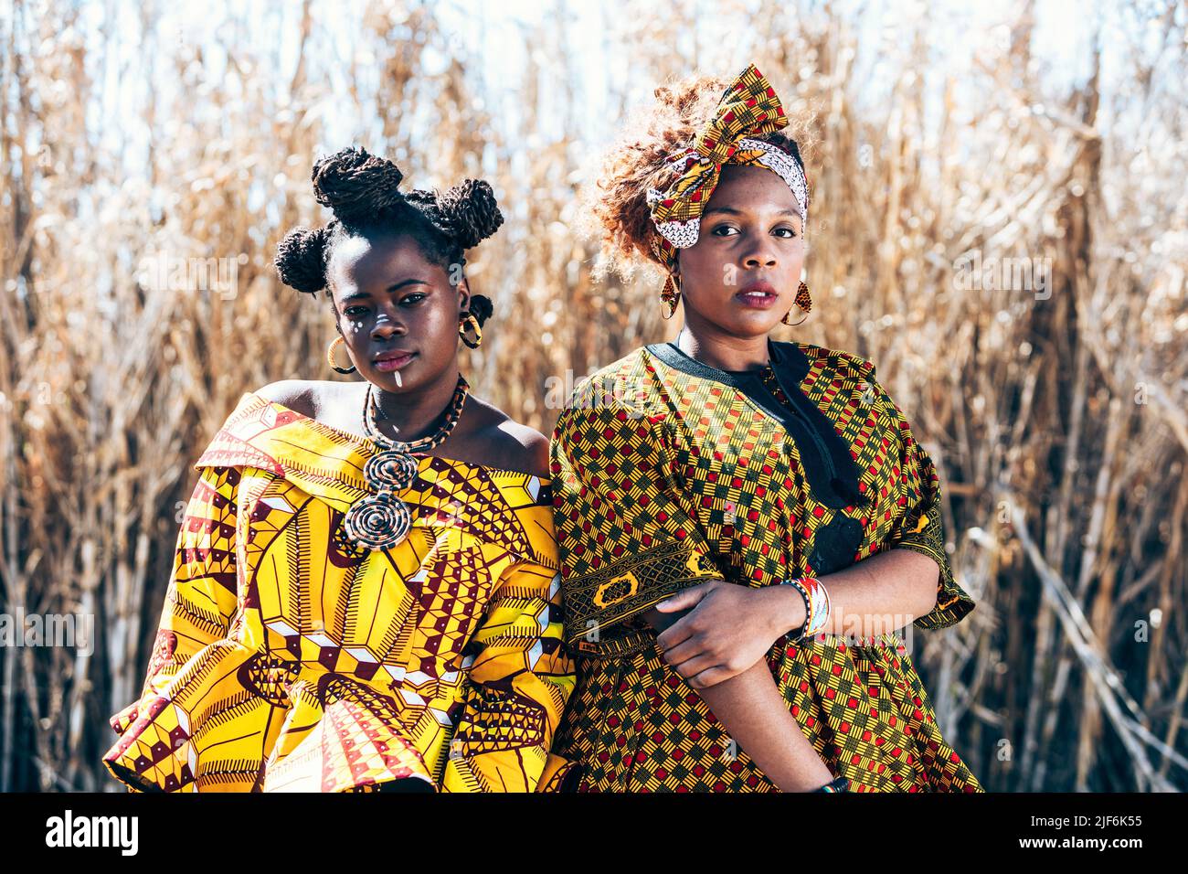 Modelli femminili neri sicuri in abiti eleganti con stampe africane autentiche che guardano la macchina fotografica mentre si levano in piedi insieme contro l'erba asciutta nel conteggio Foto Stock