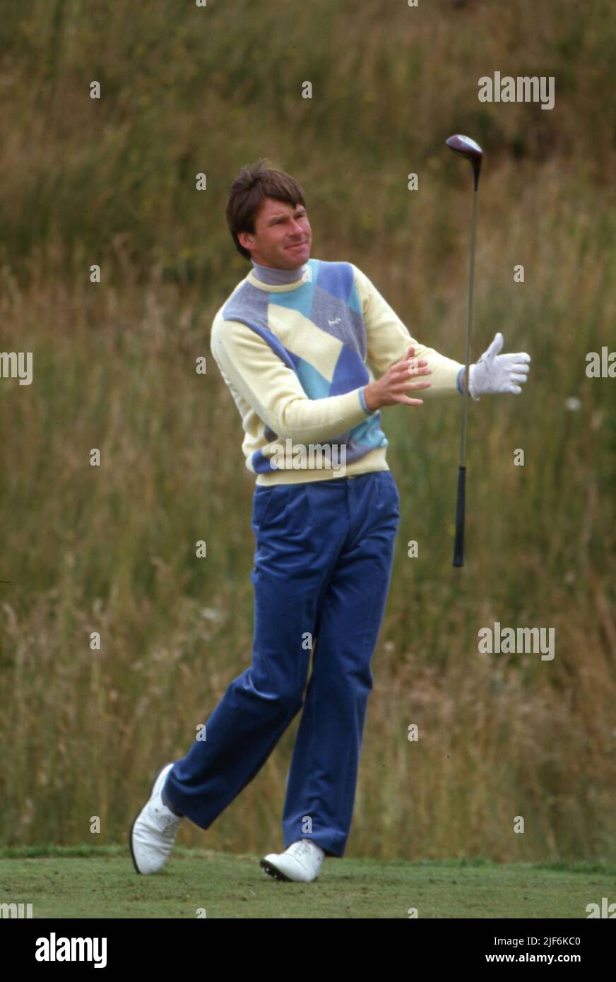 Nick Faldo golfer ashowing il suo tocco magico sul tee British Open 1986 Foto di Tony Henshaw Foto Stock