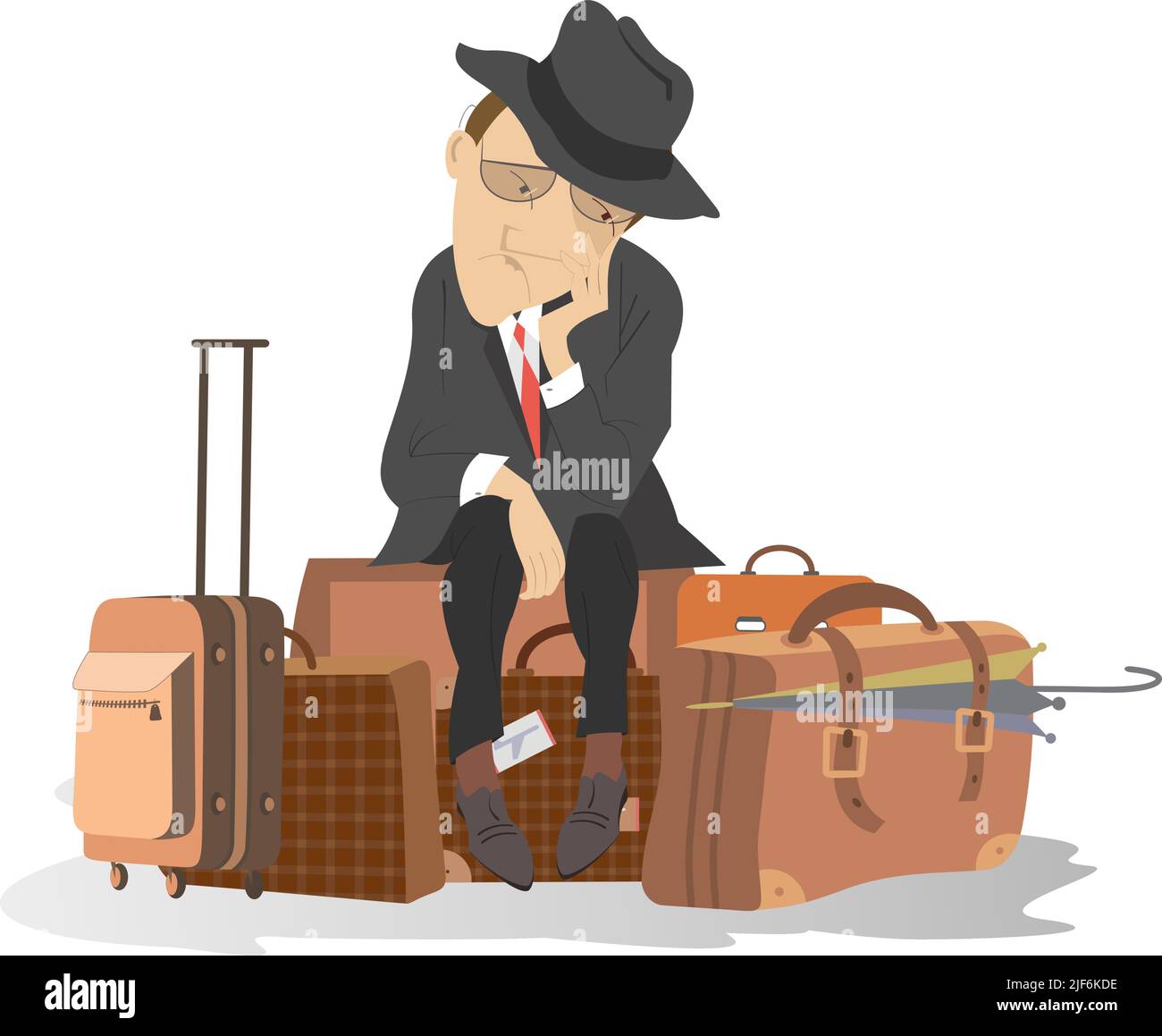 L'uomo triste e stanco siede sull'illustrazione dei sacchetti. L'uomo triste nel cappello si siede sul bagaglio e attende per volo, viaggio, passaggio, treno o autobus isolato Illustrazione Vettoriale