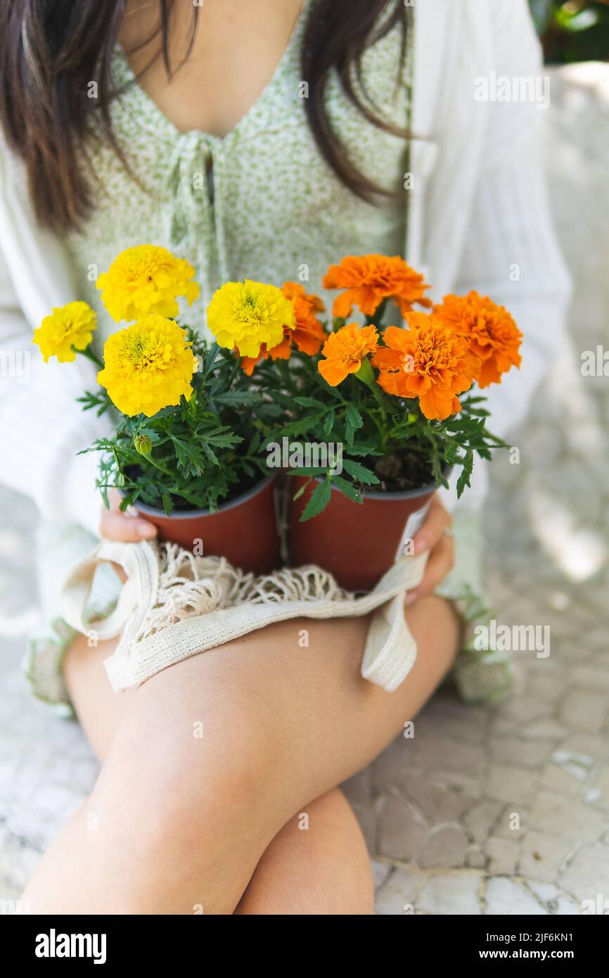 Femmina croppata irriconoscibile seduta su panca di pietra con fiori marigold in vaso in fiore sulla strada della città Foto Stock