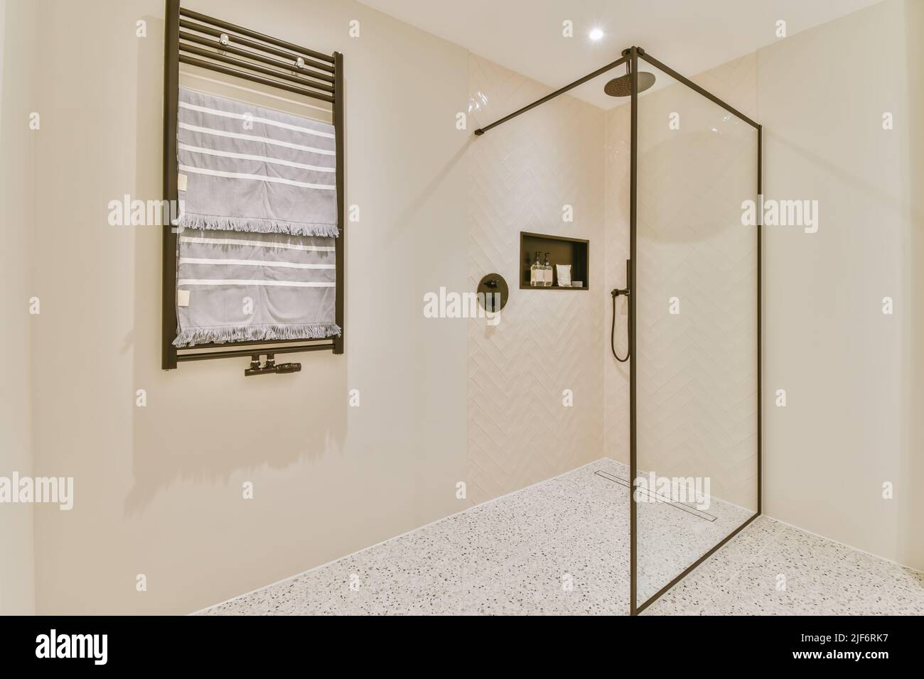 Cabina doccia in vetro con vari prodotti per la cura della pelle posta a  parete in bagno luminoso con portasciugamani riscaldato in appartamento  moderno Foto stock - Alamy
