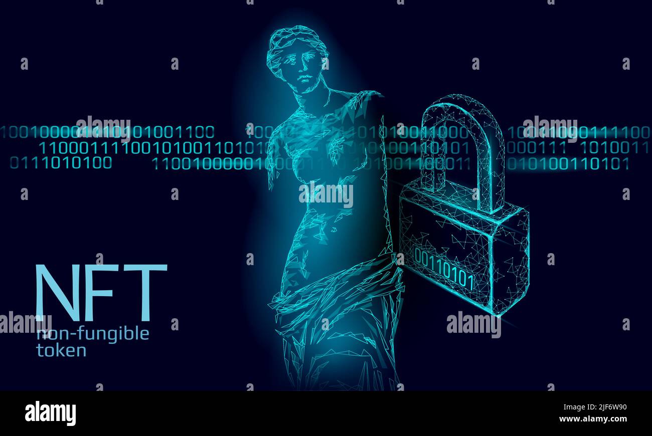 3D NFT non Fungibile criptovaluta unica. Codice di sicurezza crittografia Blockchain art. Proprietà del certificato dell'oggetto foto digitale memorizzato. Tecnologia Illustrazione Vettoriale