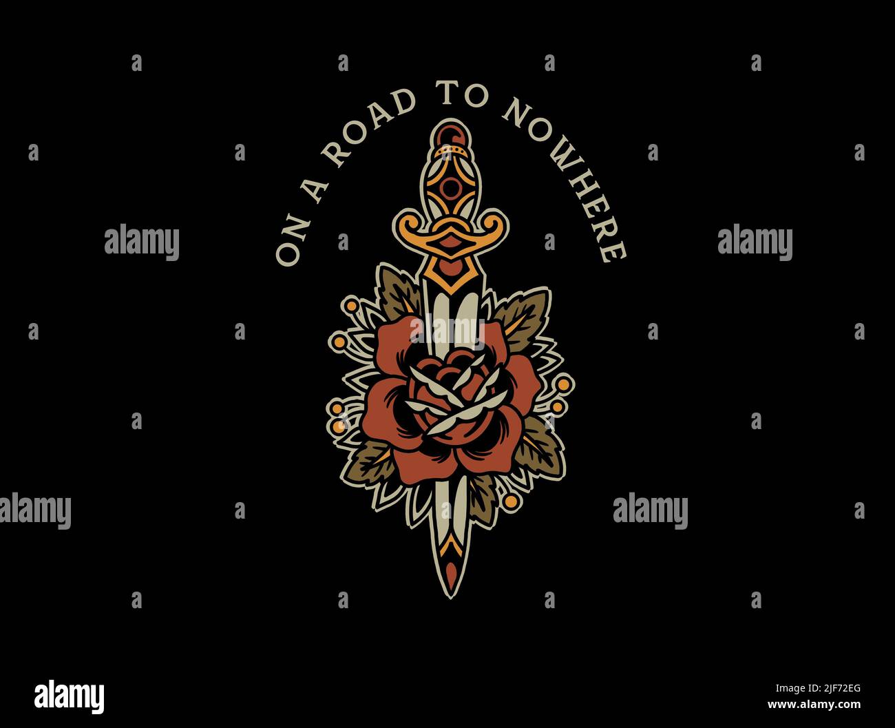 Vecchio stile tatuaggio scuola grafica disegno rosa e lama di spada Foto Stock