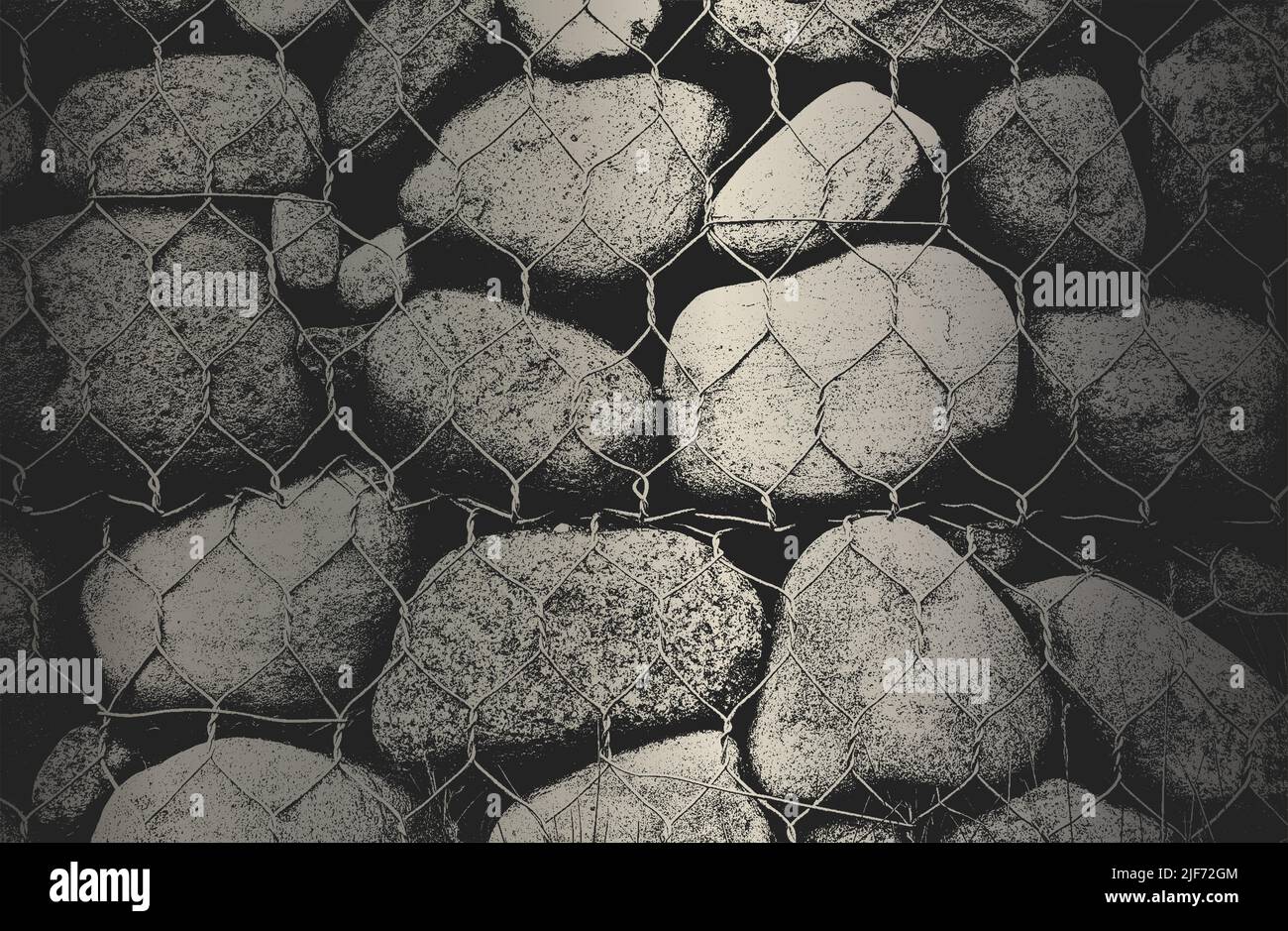 Lussuoso sfondo in metallo nero con pietre in difficoltà all'interno della rete metallica, rocce, ciottoli, texture macadam. Illustrazione vettoriale Illustrazione Vettoriale