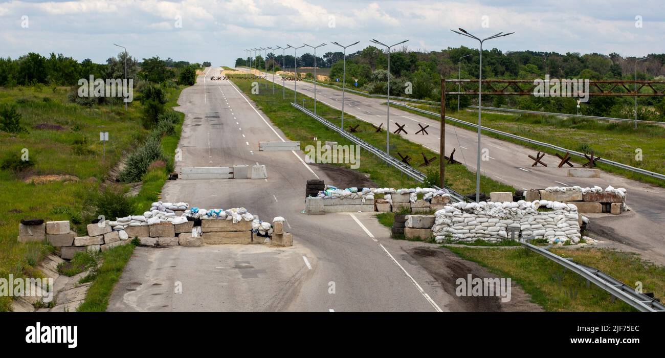 Guerra in Ucraina. Punto di verifica. Strutture difensive. Foto Stock