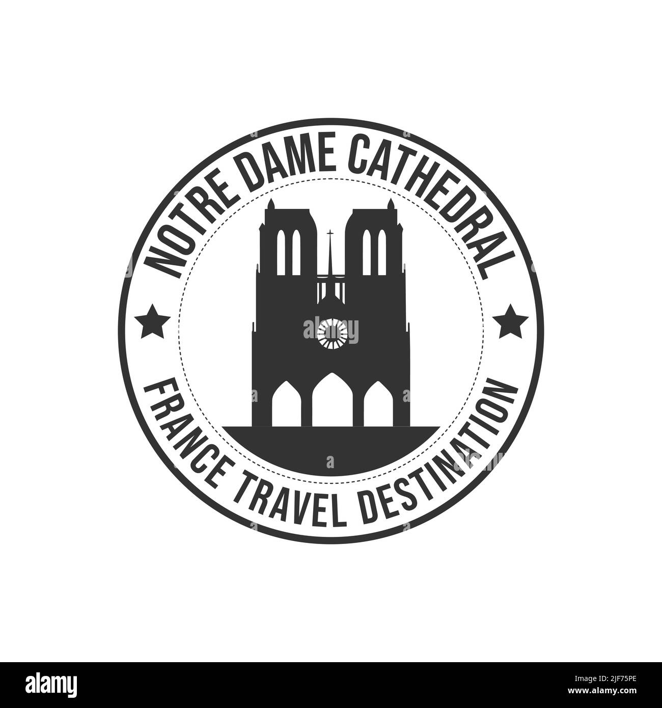 Timbro in gomma con il testo destinazione viaggio cattedrale di Notre dame scritto all'interno del timbro. È il momento di viaggiare. Francia architettura storica della strada Illustrazione Vettoriale