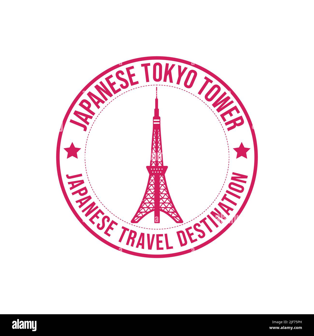 Timbro circolare in gomma con la destinazione del viaggio nella torre giapponese di Tokyo scritta all'interno del timbro. Moderna architettura a torre giapponese. Viaggi giapponesi des Illustrazione Vettoriale