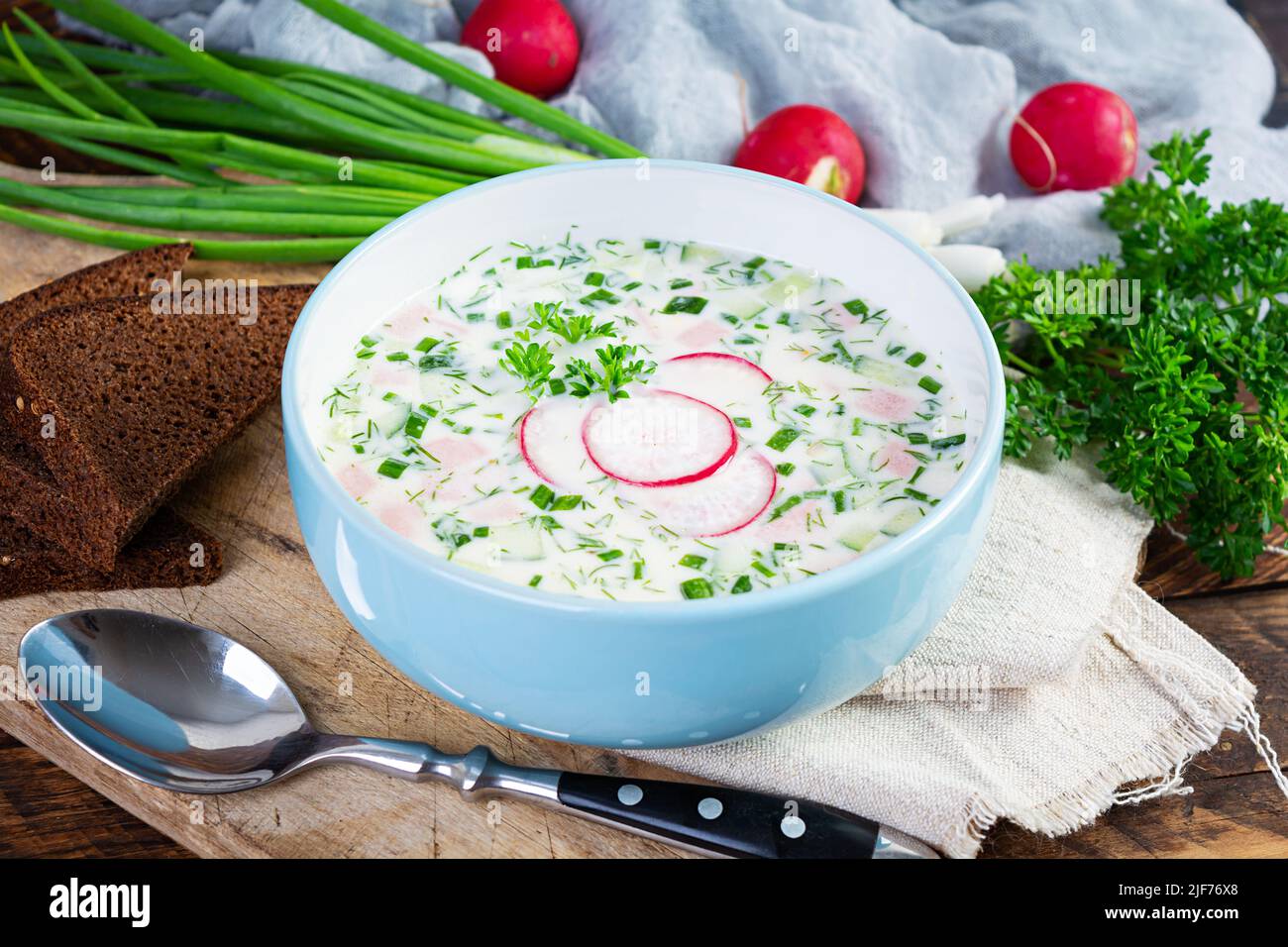 Zuppa fredda estiva con yogurt e verdure. Zuppa fredda russa tradizionale okroshka Foto Stock