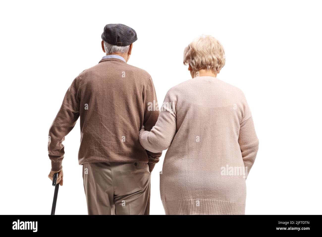 Scatto posteriore di un uomo anziano e di una donna isolato su sfondo bianco Foto Stock