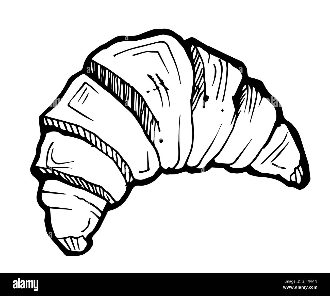 Bagel curvo fatto di farina bianca. Disegno a mano del contorno. Isolato su sfondo bianco. Pane e panini dolci. Disegno monocromatico. Vettore Illustrazione Vettoriale