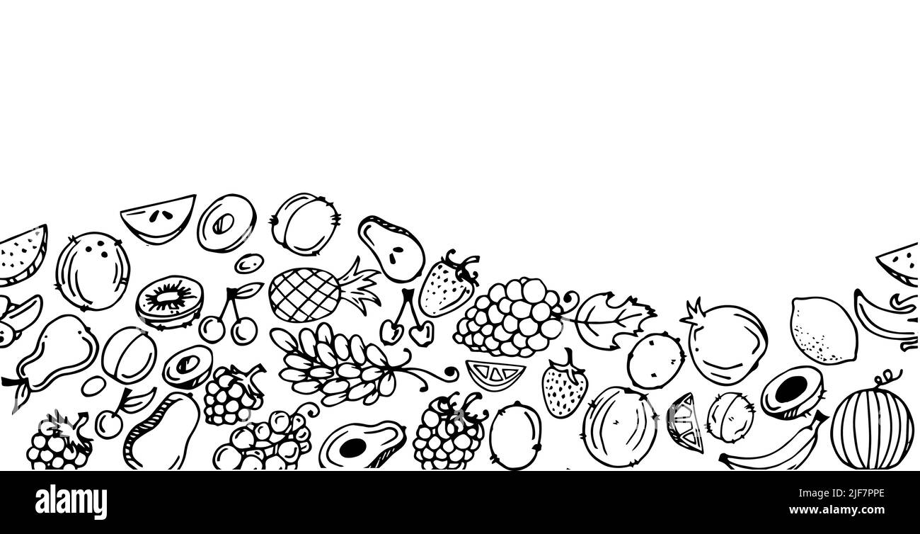 Frutta da giardino. Bordo inferiore sul bordo. Immagini continue senza interruzioni. Piante alimentari commestibili. Disegno monocromatico. Disegno a mano del contorno. Isolato su bianco Illustrazione Vettoriale