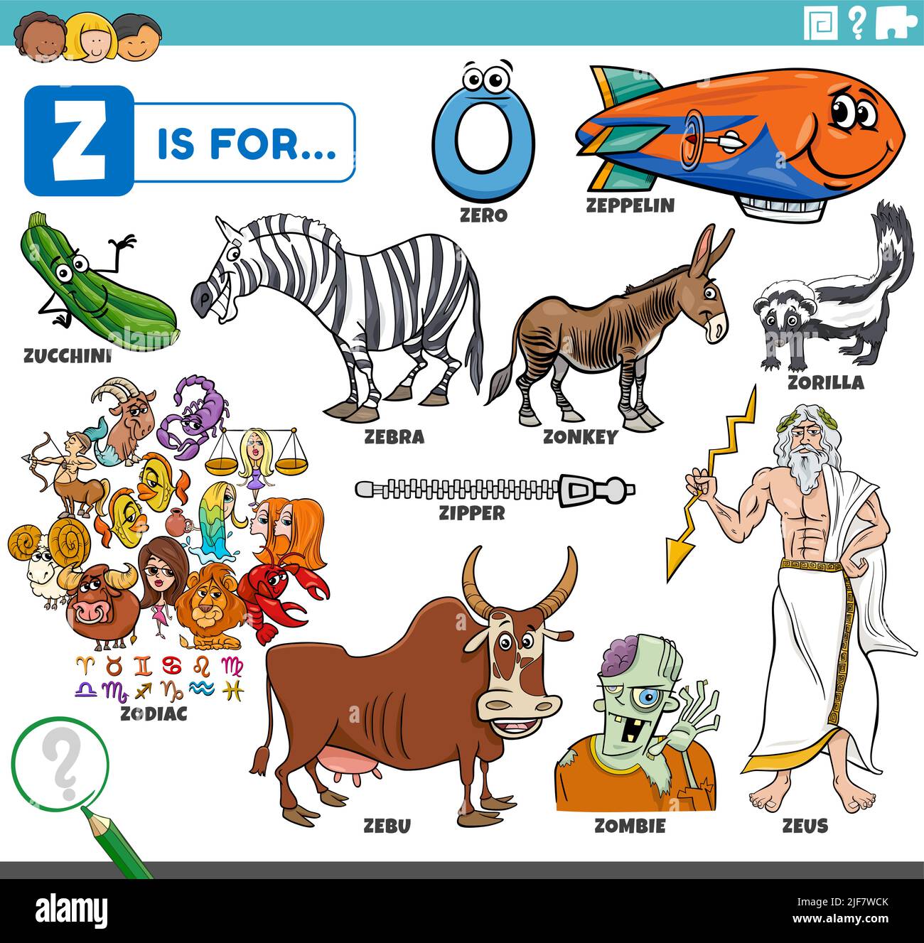 Illustrazione di fumetto educativa per bambini con personaggi fumetti e oggetti impostati per la lettera Z Illustrazione Vettoriale
