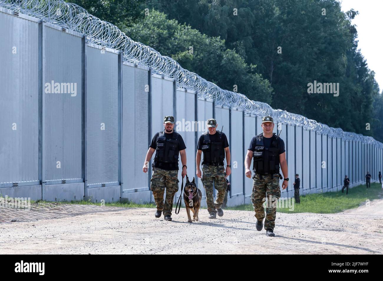 Le guardie di frontiera pattugliano le barriere fisiche costruite al confine tra Polonia e Bielorussia. La barriera fu costruita nei primi due trimestri del 2022. Il governo polacco ha deciso di costruire una barriera di acciaio lunga 186 chilometri e alta 5,5 metri con filo spinato sul confine polacco-bielorusso, che è anche il confine tra Unione europea e NATO. La decisione è stata presa dopo che migliaia di migranti, principalmente provenienti da Siria, Iraq e Afghanistan, hanno cercato di attraversare la Polonia dalla Bielorussia. Il governo bielorusso è stato accusato di orchestrare la migrazione, con l'aiuto della Russia. La pressione sul Polis Foto Stock