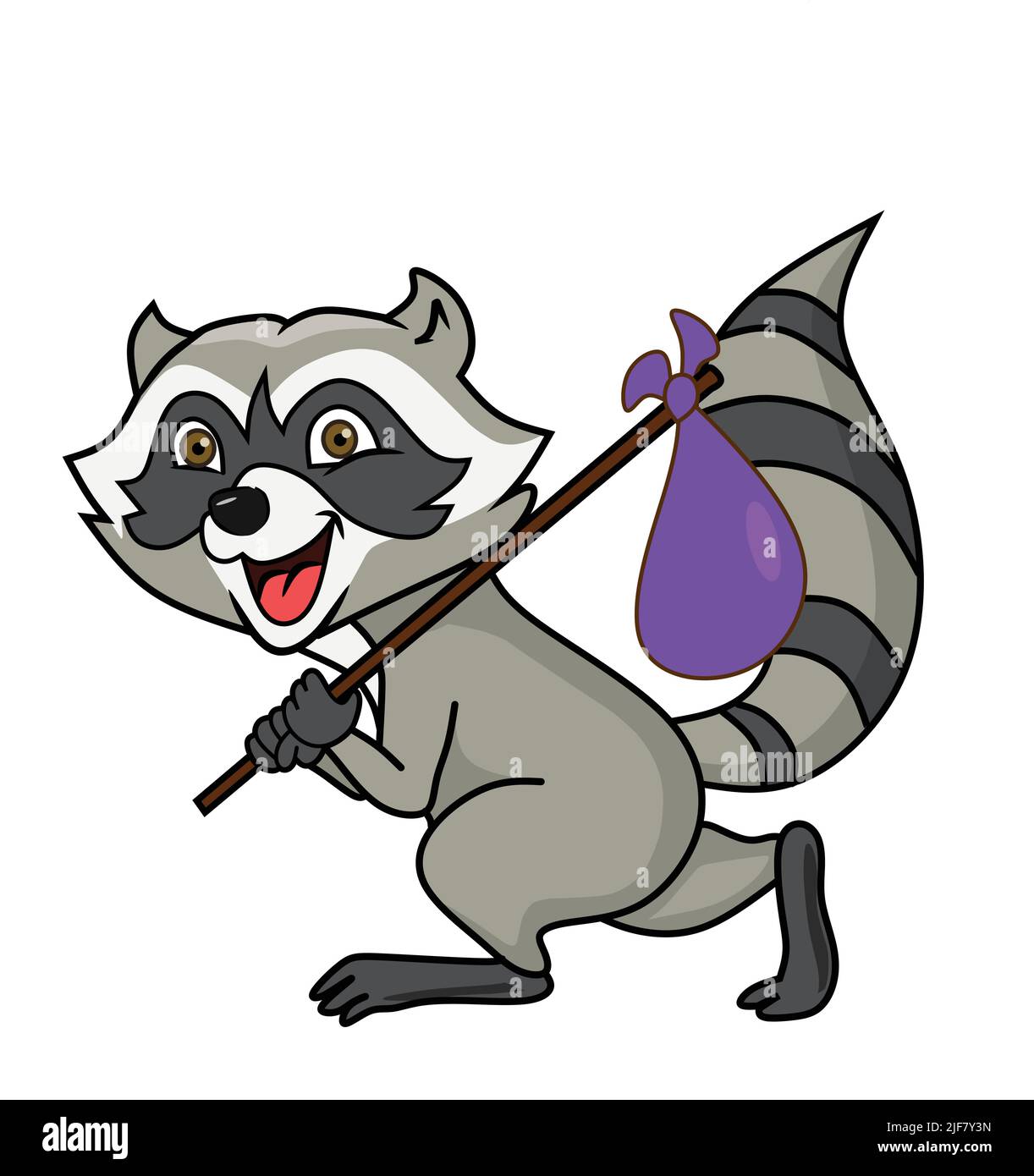 felice raccoon che tiene il pacchetto sul bastone e camminare Illustrazione Vettoriale