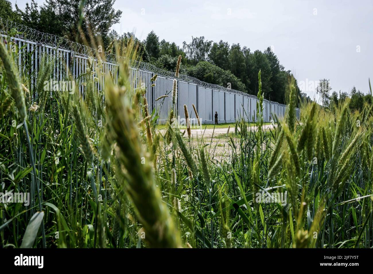 30 giugno 2022, Nowodziel, Polonia: La guardia di frontiera pattuglia la barriera fisica costruita sul confine tra Polonia e Bielorussia. La barriera fu costruita nei primi due trimestri del 2022. Il governo polacco ha deciso di costruire una barriera d'acciaio lunga 186 chilometri e alta 5,5 metri con filo spinato sul confine tra PolishÂ e Bielorussia, che è anche il confine tra l'Unione europea e la NATO. La decisione è stata presa dopo che thousandsÂ di migranti, principalmente provenienti dalla Siria, dall'Iraq e da AfghanistanÂ, tentarono di attraversare la Polonia dalla Bielorussia. Il governo della Bielorussia è stato accusato di orchestrare la migrazione, con l'aiuto di fr Foto Stock