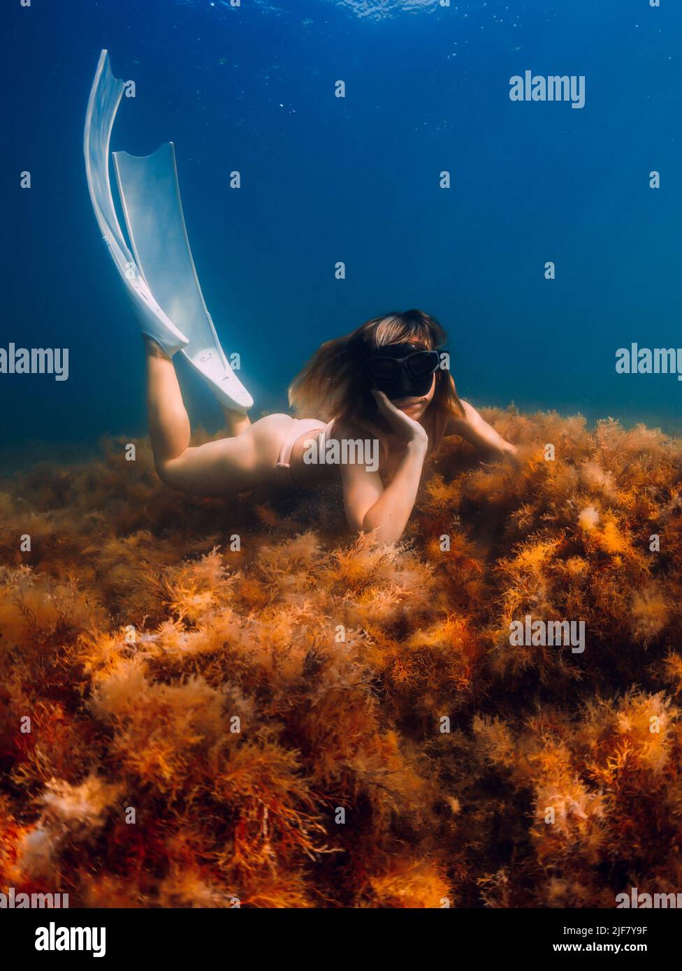 Donna freediver con maschera e pinne bianche in posa sott'acqua. Freewing in mare blu Foto Stock