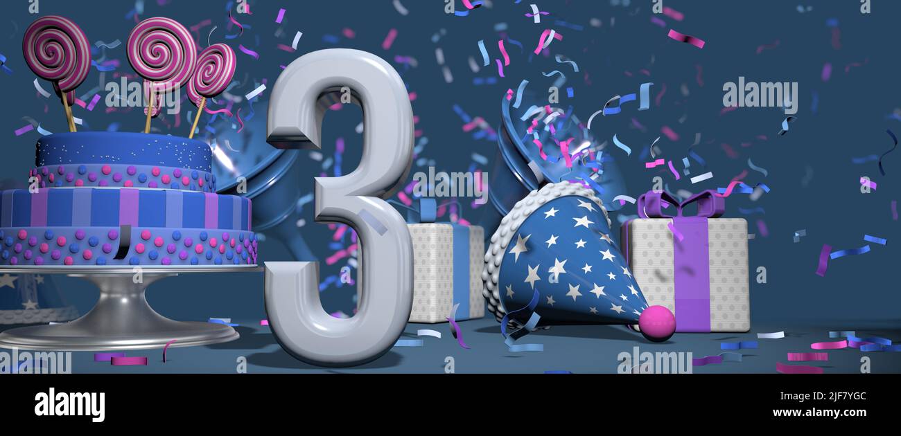 Primo piano solido bianco numero 3, torta di compleanno adornata con lecca lecca caramelle, regali e cappello da festa con bugle che sparano i confetti rosa e viola aga Foto Stock