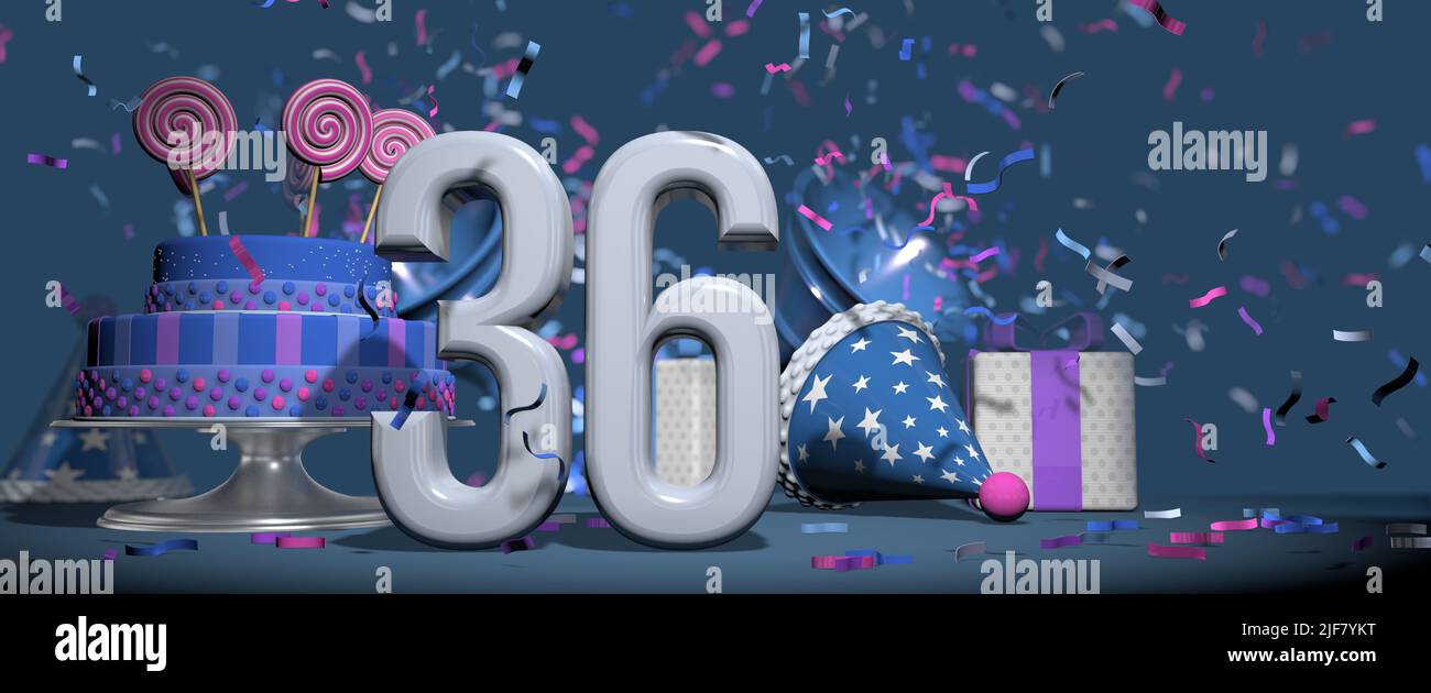 Primo piano solido bianco numero 36, torta di compleanno adornato con lecca lecca caramelle, regali e cappello da festa con bugle che sparano i confetti rosa e viola ag Foto Stock