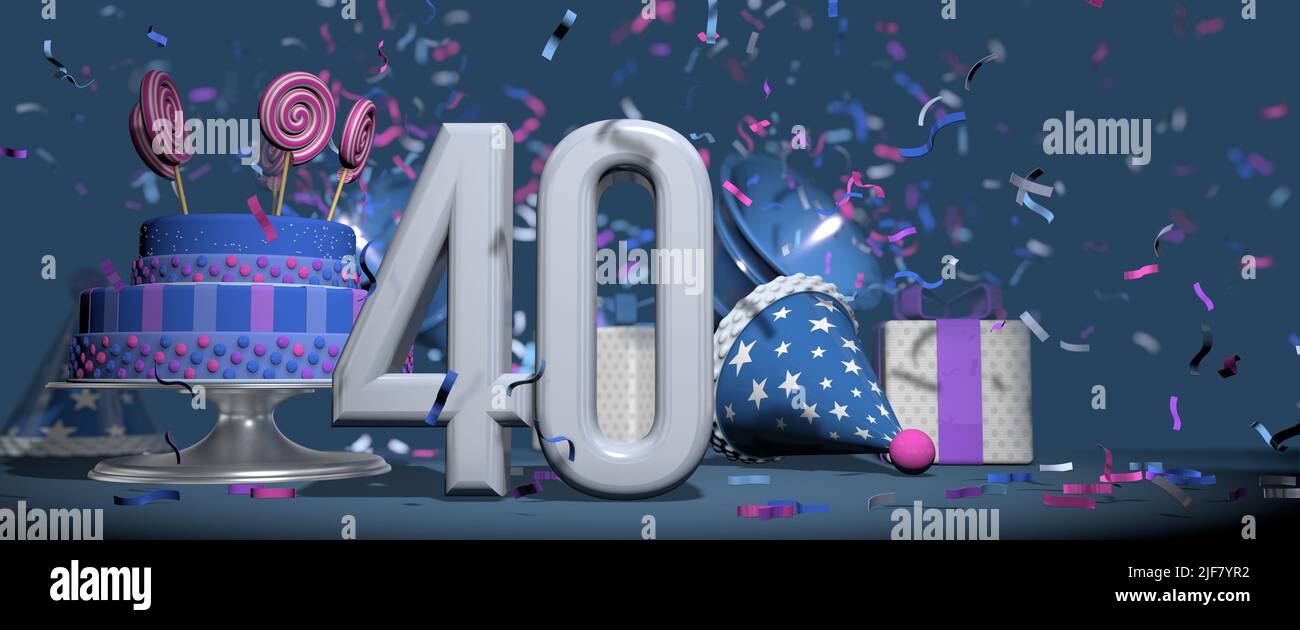 Primo piano solido bianco numero 40, torta di compleanno adornato con lecca lecca caramelle, regali e cappello da festa con bugle che sparano i confetti rosa e viola ag Foto Stock