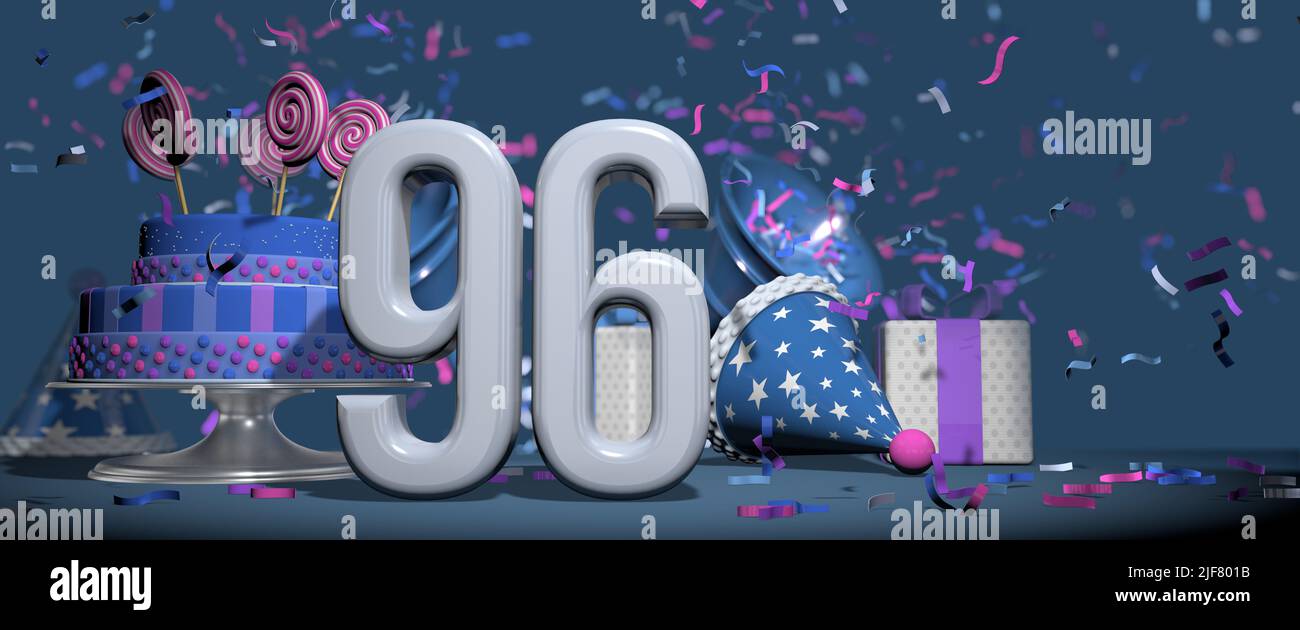 Primo piano solido bianco numero 96, torta di compleanno adornato con lecca lecca caramelle, regali e cappello da festa con bugle che sparano i confetti rosa e viola ag Foto Stock