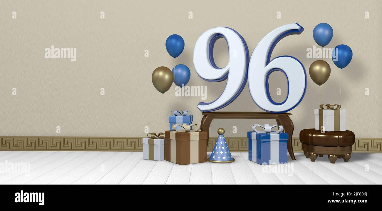Bianco numero 96 con bordo blu su tavola di legno circondato da bright marrone, blu e bianco scatole regalo e palloncini galleggianti su pavimento di legno in vuoto Foto Stock