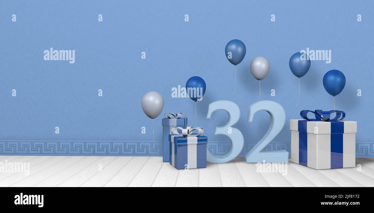 Blu chiaro numero 32 tra le scatole regalo blu e bianco luminoso adornato con palloncini galleggianti su pavimento di legno bianco in camera vuota con parete blu pastello. Foto Stock