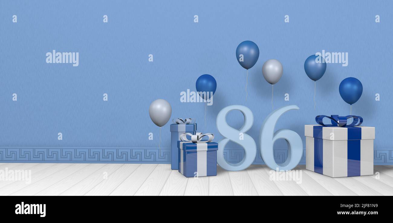 Blu chiaro numero 86 tra le scatole regalo blu e bianco luminoso adornato con palloncini galleggianti su pavimento di legno bianco in camera vuota con parete blu pastello. Foto Stock