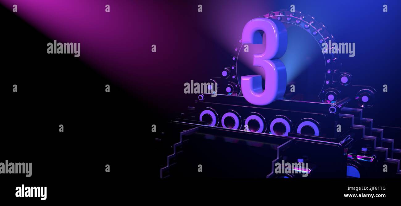 Solido numero 3 su un palco nero riflettente con scale e ornato di cerchi, illuminato con luci blu e rosse su sfondo nero. Con Foto Stock