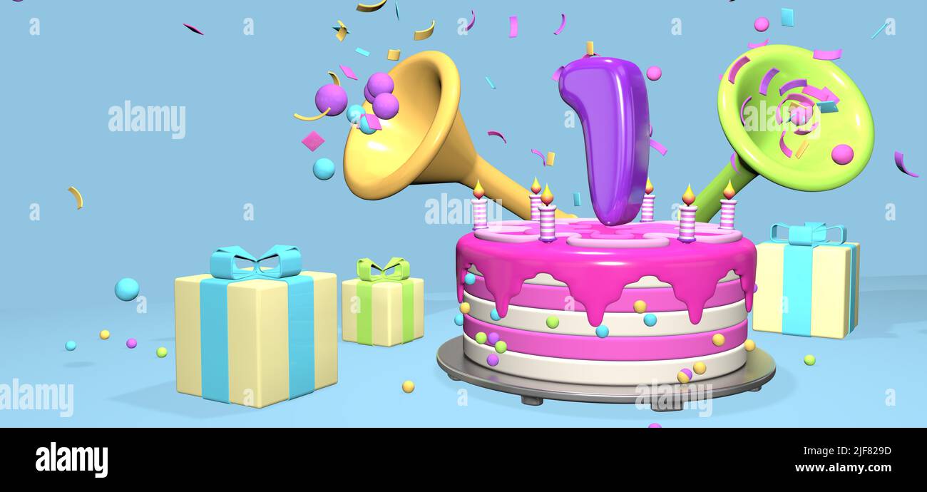 Torta di compleanno rosa con spesso viola numero 1 e candele su piastra metallica circondata da scatole regalo con corna che eietta confetti e sfere su pasta Foto Stock