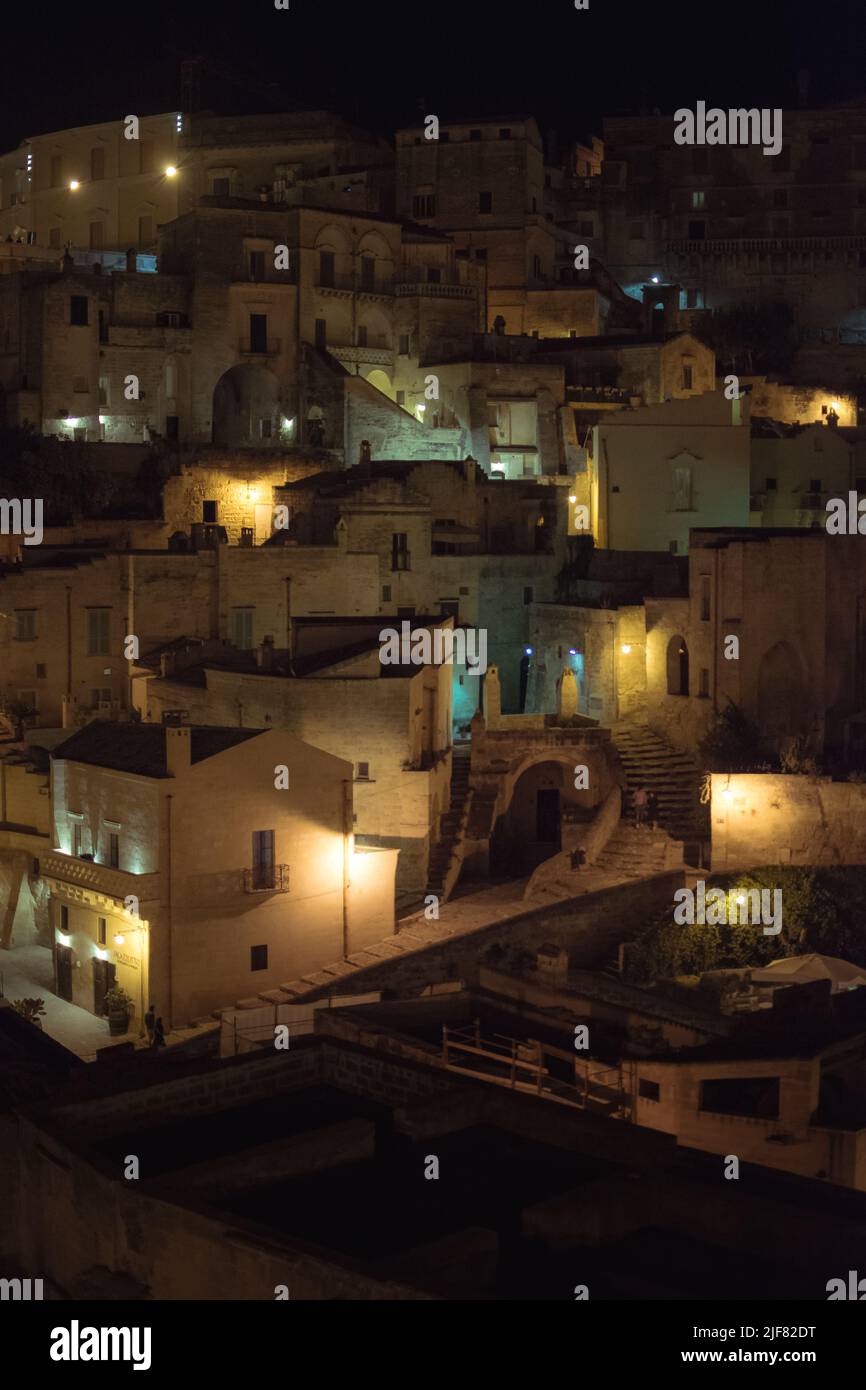 Dettaglio dei Sassi di Matera di notte Foto Stock