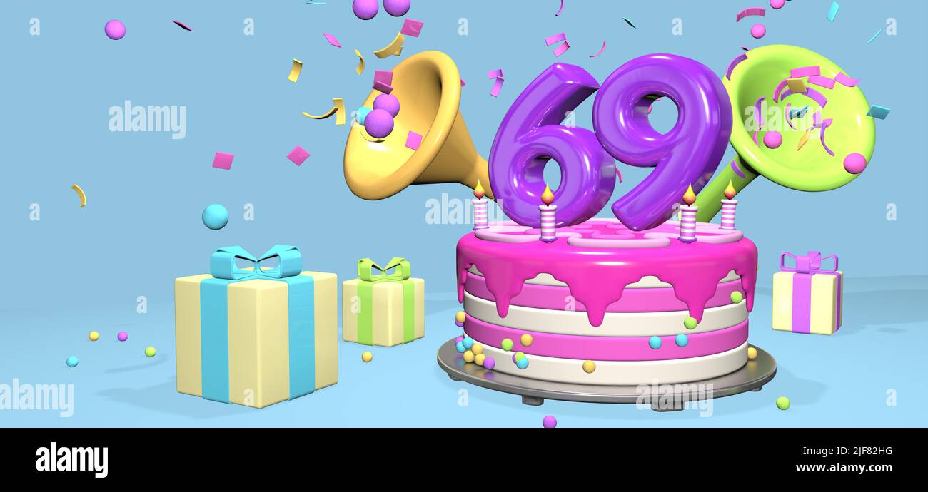 Torta di compleanno rosa con spesso viola numero 69 e candele su piastra metallica circondata da scatole regalo con corna che eietta confetti e sfere sul passato Foto Stock
